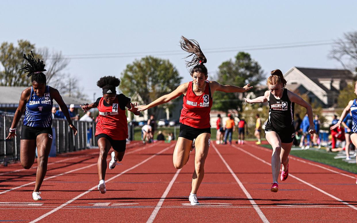 Kendall Cooper (Annville-Cleona) out stretches the field as she crosses the finish line 1st with a time of 12.64. The Lebanon County Track Meet was held on Friday April 26, 2024 at Earl Boltz Stadium in South Lebanon.