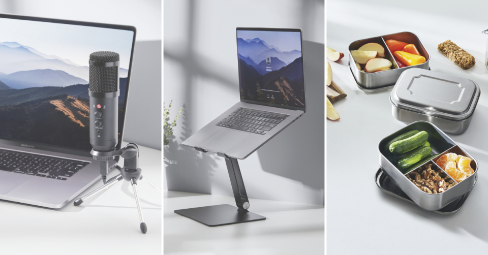 A selection of desk accessories including a condenser microphone, laptop stand and lunch containers from Aldi