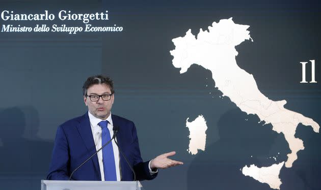 The minister of the Economic development Giancarlo Giorgetti during the presentation of the train La dolce Vita, a luxury train made of old wagons that will tour Italy slowly bringing tourists to the most pleasant places of the peninsula. Rome (Italy), June 15th, 2021 (Photo by Samantha Zucchi/Insidefoto/Mondadori Portfolio via Getty Images) (Photo: Mondadori Portfolio via Getty Images)