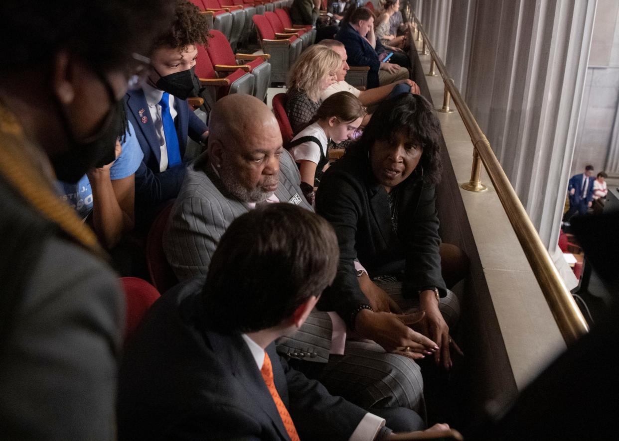 Rep. John Gillespie, R- Memphis, speaks with Rodney Wells, and RowVaughn Wells, parents of Tyre Nichols, during a House session at the State Capitol in Nashville, Tenn., Monday, March 4, 2024.