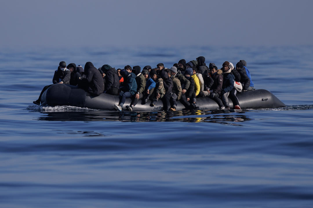 ENGLISH CHANNEL - MARCH 06: An inflatable dinghy with approximately 65 migrants on board crosses the English Channel into the English Channel on March 6, 2024.  According to official figures, 401 migrants arrived in Britain by small boat on Monday, the busiest day of the year so far for the Channel crossing.  This brings the preliminary total number of UK arrivals so far this year to 2,983.  Government data shows this is more than the 2,953 recorded this time last year and exceeds the running totals documented between January 1 and March 4 each year since current recording began in 2018. (Photo by Dan Kitwood/ Getty Images)