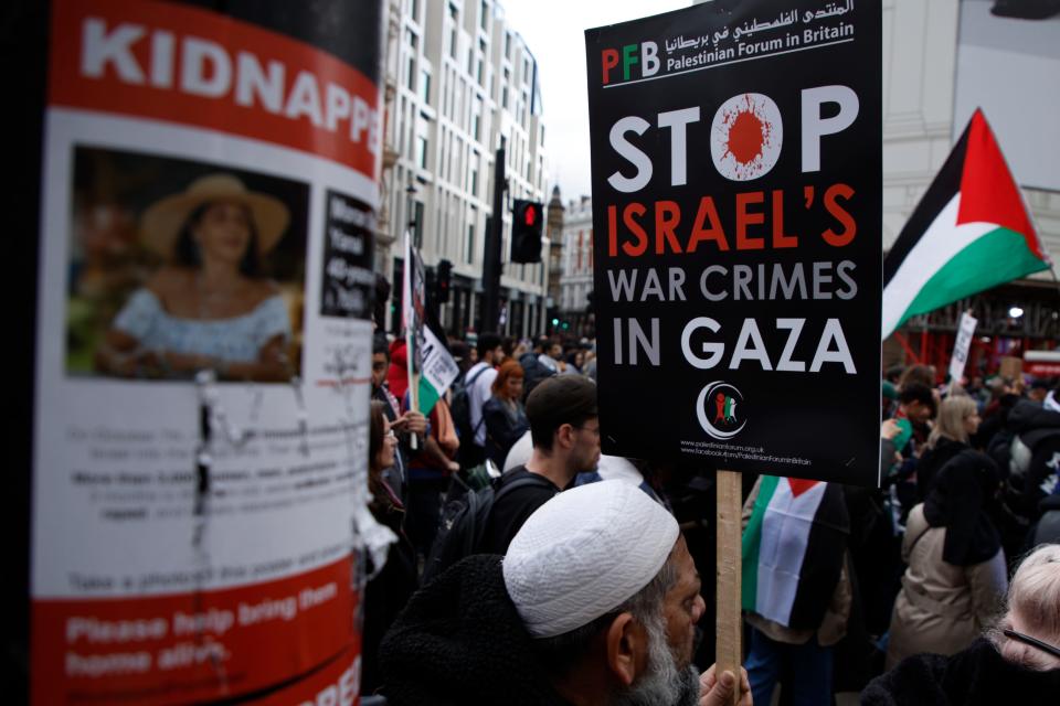 A "Kidnapped" poster on a lamppost during a pro-Palestinian demonstration in London, Saturday, Oct. 21, 2023.