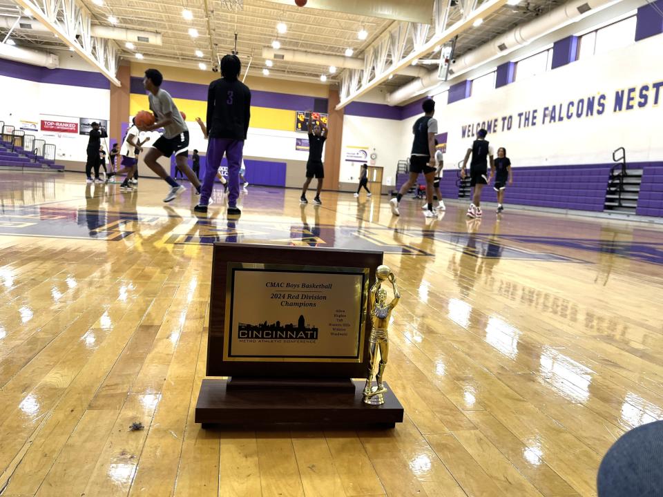 The Aiken boys basketball program received its CMAC-Red championship trophy Feb. 15, 2024. AIken won a league title for the first time since 2016.