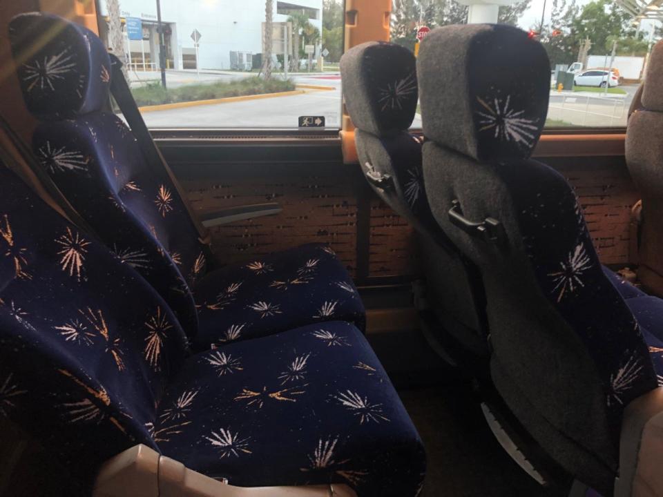 Fabric-covered Flixbus seats on bus