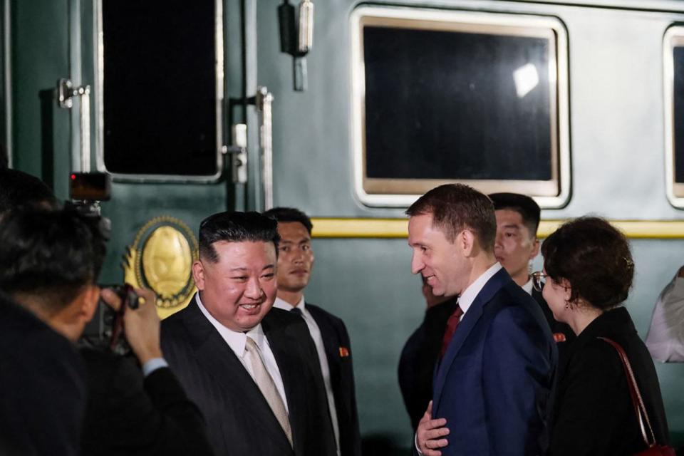 PHOTO: North Korea's leader Kim Jong Un (C,L) welcomed by Russia's Minister of Natural Resources and Environment Alexander Kozlov (C,R) upon his arrival at Khasan train station, Primorky region, at the start of his official visit to Russia. (Russian Environment Ministry/AFP via Getty Images)