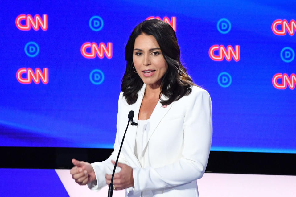 Democratic presidential hopeful US Representative for Hawaii's 2nd congressional district Tulsi Gabbard speaks during the second round of the second Democratic primary debate of the 2020 presidential campaign season hosted by CNN at the Fox Theatre in Detroit, Michigan on July 31, 2019. | Jim Watson—AFP/Getty Images