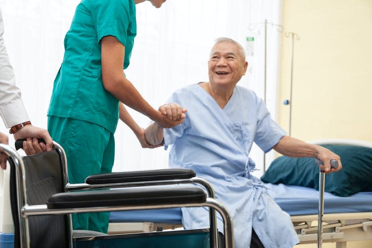 <span class="caption">Exercises like sitting on the edge of the patient’s bed can help them build up strength.</span> <span class="attribution"><a class="link " href="https://www.shutterstock.com/image-photo/image-blur-happy-asian-elderly-people-1165014496" rel="nofollow noopener" target="_blank" data-ylk="slk:JOKE_PHATRAPONG/ Shutterstock;elm:context_link;itc:0;sec:content-canvas">JOKE_PHATRAPONG/ Shutterstock</a></span>