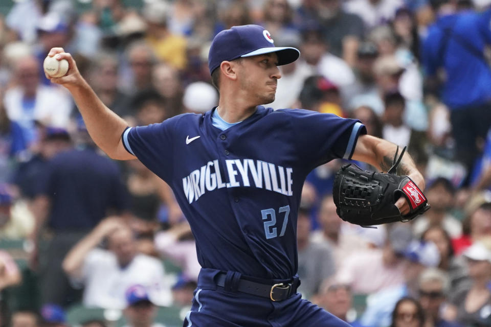 Chicago Cubs starting pitcher Zach Davies throws against the Arizona Diamondbacks during the first inning of a baseball game in Chicago, Friday, July 23, 2021. (AP Photo/Nam Y. Huh)