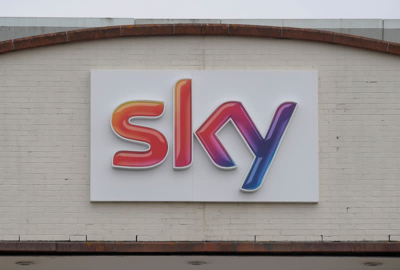 The Sky News logo is seen on the outside of offices and studios in west London