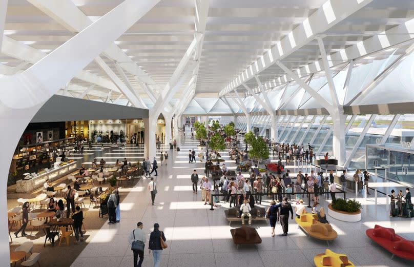 Imagen virtual de la plaza interior del aeropuerto reformado de Florencia