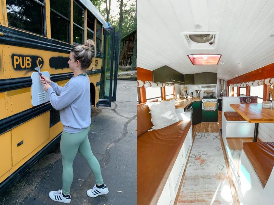 On the left, Nicole painting the outside of the school bus. On the right, a view of the inside of renovated school bus, with orange cushions and a green kitchen