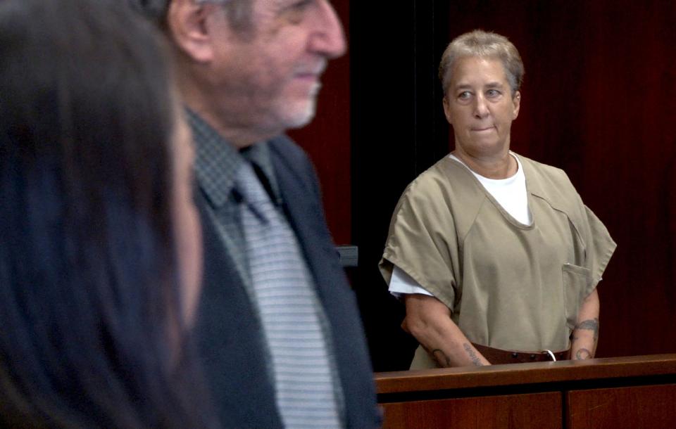 Donna Jung stands during her sentencing for child endangerment before Superior Court Judge Lisa A. Puglisi in Toms River Friday, July 7, 2023.  She and her wife Helecia Morris were both sentenced for locking their then 8--year-old son in a dark room without furniture for months, without allowing him to use the bathroom.