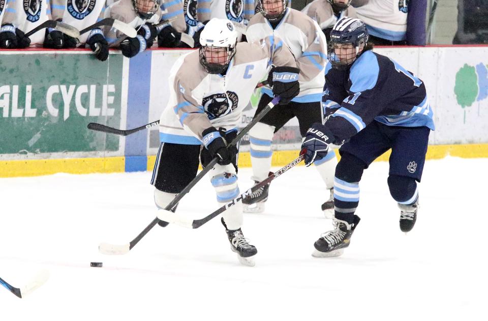 South Burlington captain Lucas Van Mullen gains control of the puck during the Wolves 5-1 win over the Cougars in the D1 semifinals at Cairns Arena on Saturday afternoon.