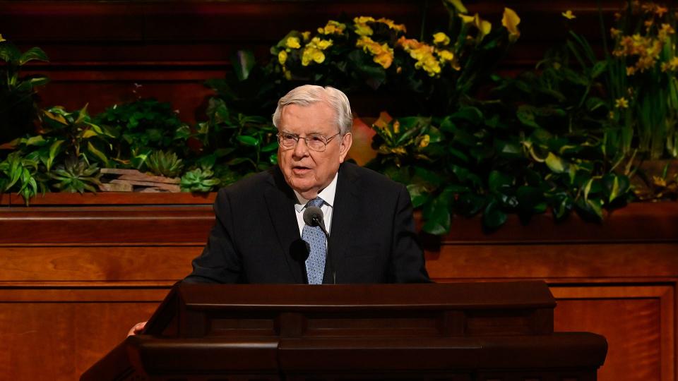 President M. Russell Ballard, acting president of the Quorum of the Twelve Apostles of The Church of Jesus Christ of Latter-day Saints, speaks during the Sunday afternoon session of the 193rd Annual General Conference on Sunday, April 2, 2023. | The Church of Jesus Christ of Latter-day Saints