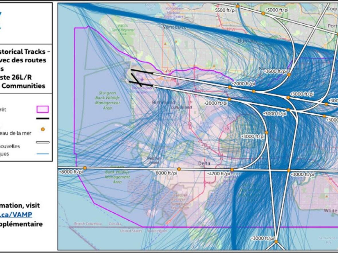 A map released by Nav Canada shows the historical airplane flight patterns — in blue — and the projected streamlined paths, in white and yellow. (Nav Canada - image credit)