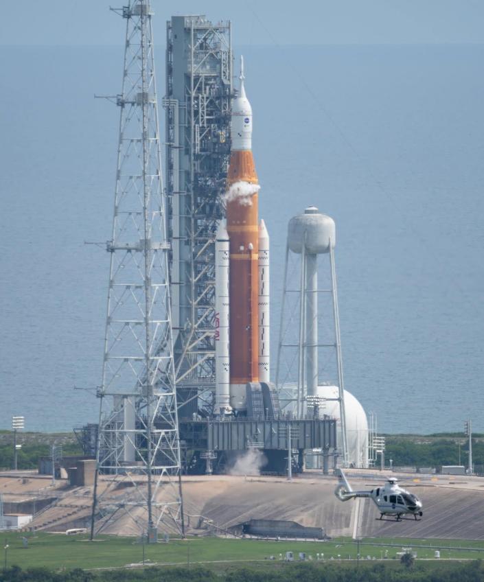 Nasa’s Space Launch System rocket and Orion spacecraft, the Artemis I mission, on the launch pad at Cape Canaveral Florida on 3 September (Nasa)