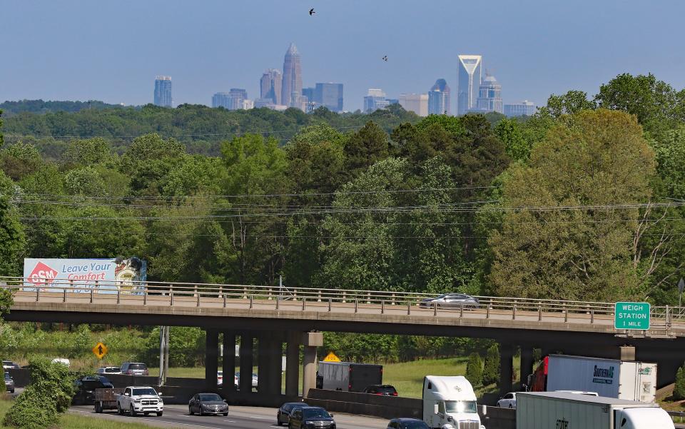 Charlotte can be seen from the fourth floor as construction continued Wednesday, April 27, 2022, at the site of CaroMont Regional Medical Center-Belmont on Beatty Drive.