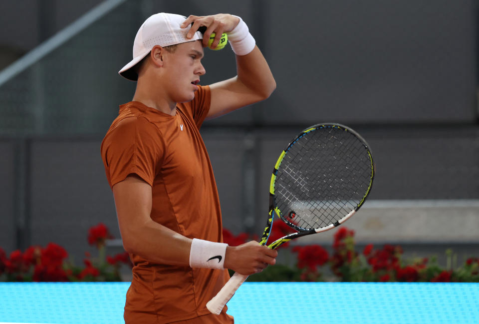 Holger Rune reacts during the Madrid Open.