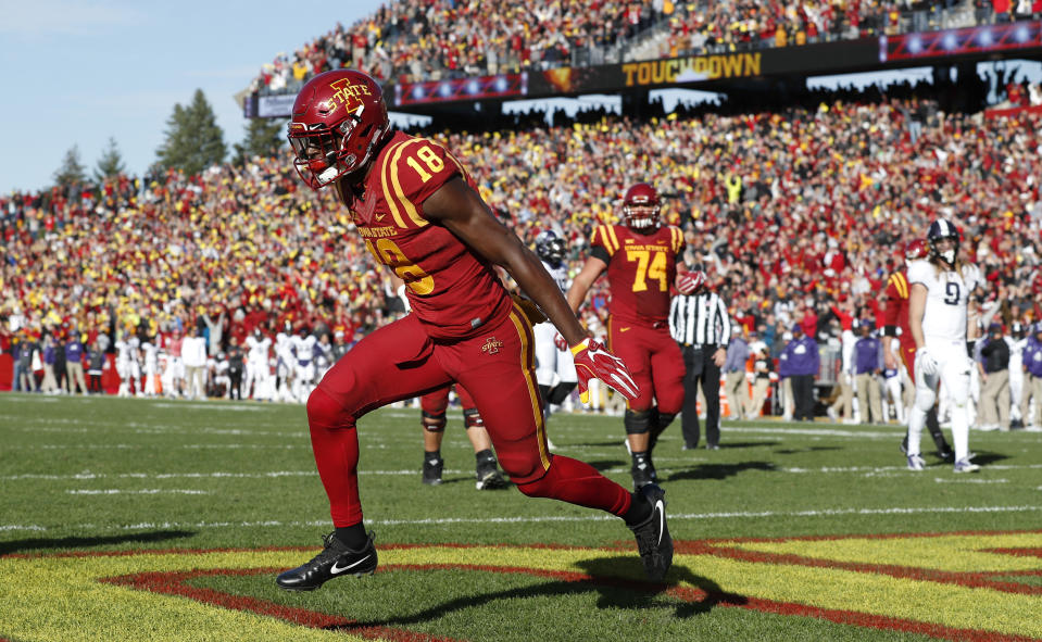 Iowa State wide receiver Hakeem Butler celebrates after catching a 4-yard touchdown pass during against TCU. (AP Photo)