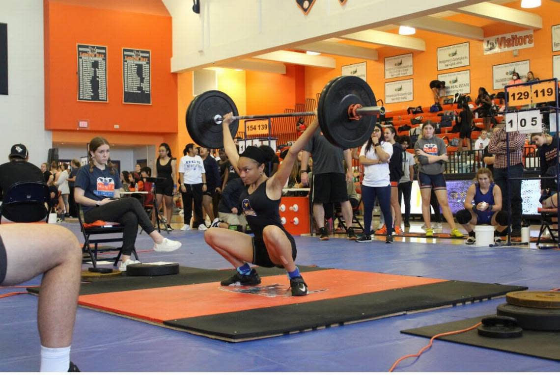 Olympic 129-pound division at Region 4-1A Girls’ Weightlifting Championships: 1st Kayla Behrazer of Doctors Charter in Miami Shores 240 pounds.