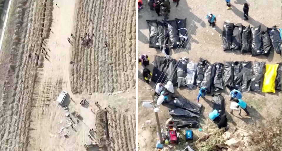 Workers dig tirelessly (left) as the body bags pile up (right). Source: Reuters