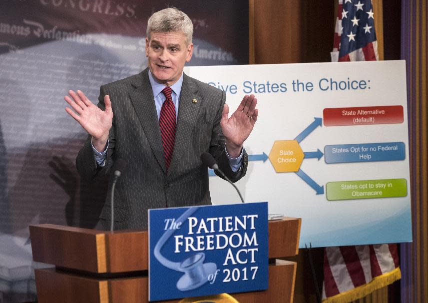 FILE - In this Jan. 23, 2017 file photo, Sen. Bill Cassidy, R-La. speaks during a news conference on Capitol Hill in Washington. Republicans insisted Monday, Feb. 6, 2017, that they’re moving ahead on their effort to void the health care law, even as President Donald Trump’s latest remarks conceded that the effort could well stretch into next year. (AP Photo/J. Scott Applewhite, File)