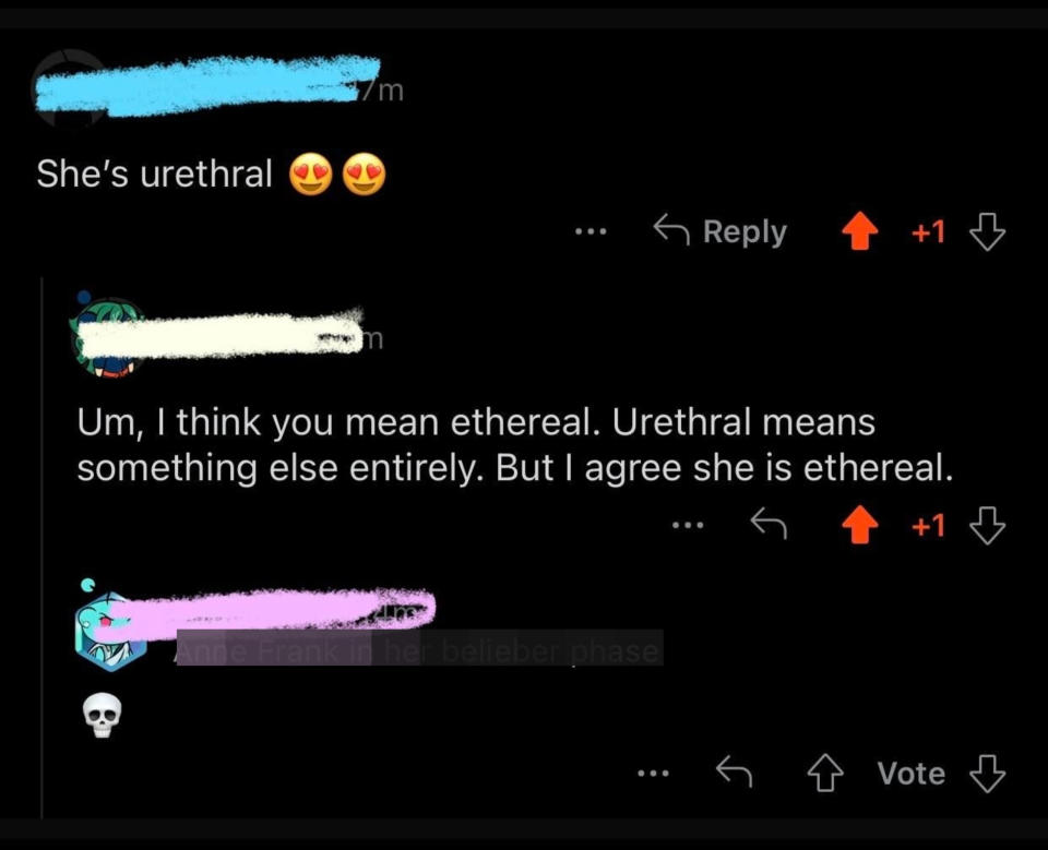 "She's urethral"; response: "Um, I think you mean ethereal; urethral means something else entirely, but I agree she is ethereal"