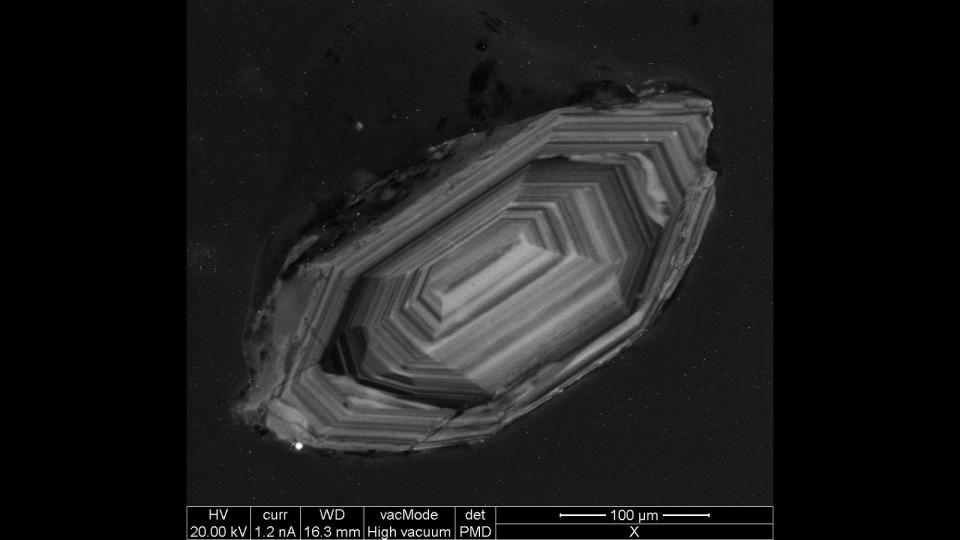 SEM-CL image of Zircon grain. Zircon plays an important role in radiometric dating.