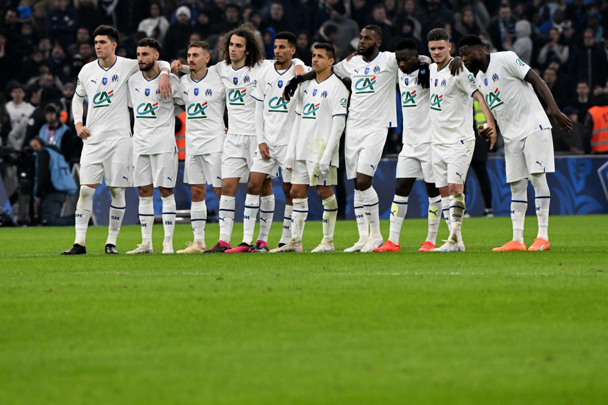 Les joueurs de l’OM pendant la séance de tirs au but face à Annecy, le 1er mars 2023.