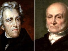Portraits of Andrew Jackson and John Quincy Adams.