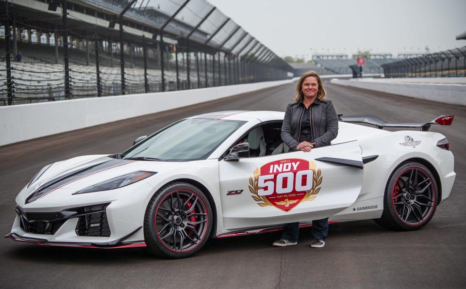 Sarah Fisher is announced as the celebrity pace car driver Tuesday, May 10, 2022, during a press conference at Indianapolis Motor Speedway. She will lead the field to the green flag in a 2023 Corvette Z06 70th Anniversary Edition. Fisher has been driving the pace car at the track for years. Typically, after the celebrity driver takes a lap, Fisher would take over for the rest of the race. 