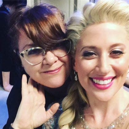 Star dresser Fran Curry with Caissie Levy backstage at Broadway's "Frozen."