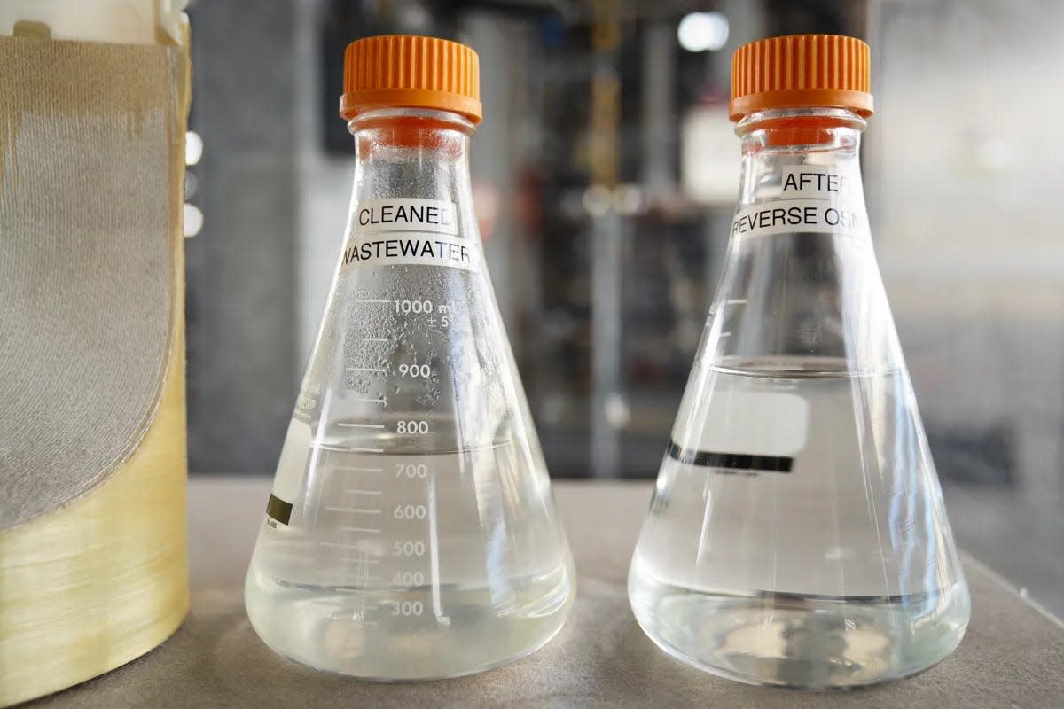 Reverse osmosis, a step in the water purification process, eliminates more than 99% of all impurities at the Pure Water Southern California Demonstration Plant in Carson. On the left is the filter, and on the right are samples before and after reverse osmosis.