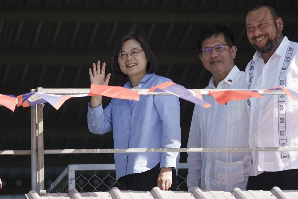 Taiwan's President Tsai Ing-wen visits a sheep and goat project supported by Taiwan Technical Mission in Cayo, Belize, Monday, April 3, 2023. Tsai is in Belize for an official three-day visit. (AP Photo/Moises Castillo)
