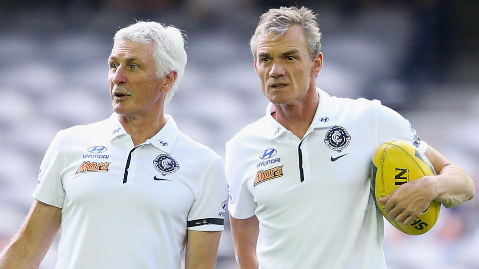 Mick Malthouse and assistant coach Dean Laidley, pictured here at Carlton in 2015.