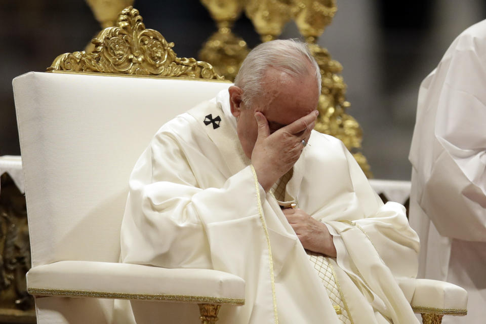 Pope Francis pauses during a ceremony where he ordained nineteen new priests in St. Peter's Basilica, at the Vatican, Sunday, May 12, 2019. (AP Photo/Alessandra Tarantino)