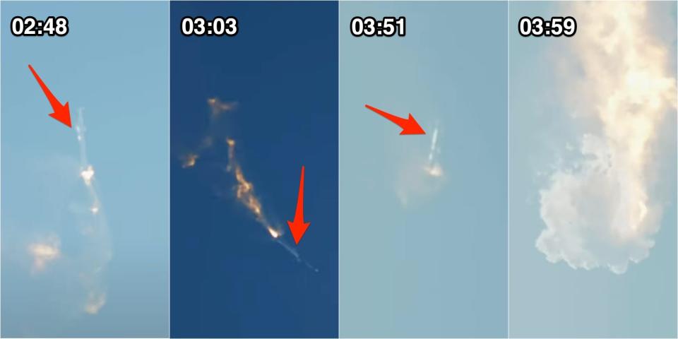 Side-by-side images showing the Starship rocket tumbling at time stamps 2:48, 03:03, 03:51, and finally bursting into a fireball at 03:59. Arrows point to the rocket in the pictures.