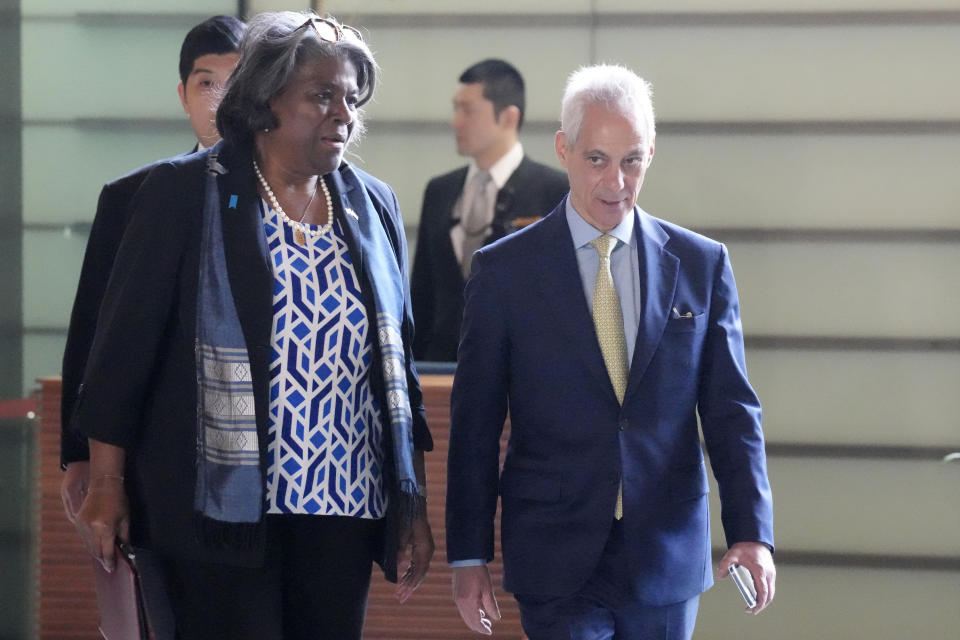 U.S. Ambassador to United Nations Linda Thomas-Greenfield, left, and Rahm Emanuel, U.S. Ambassador to Japan, right, walk to meet Japan's Prime Minister Fumio Kishida Friday, April 19, 2024, at prime minister's office in Tokyo. (AP Photo/Eugene Hoshiko, Pool)