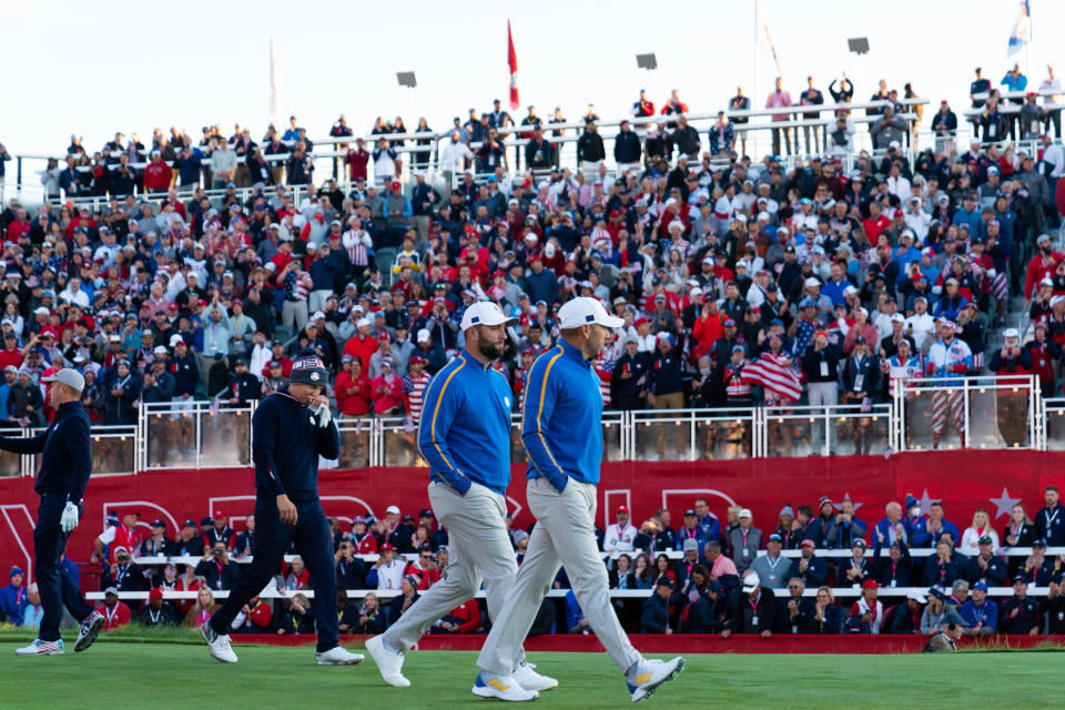 KOHLER, WI - SEPTEMBER 24: Jon Rahm of Spain and team Europe and Sergio Garcia of Spain and team Europe on the first hole during the AM Foursome Matches for the 2020 Ryder Cup at Whistling Straits on September 24, 2021 in Kohler, WI. (Photo by Montana Pritchard/PGA of America)