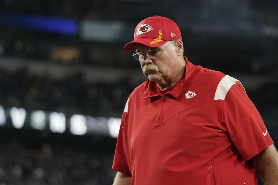 Kansas City Chiefs head coach Andy Reid walks off the field after an NFL football game against the Baltimore Ravens, Sunday, Sept. 19, 2021, in Baltimore. Baltimore won 36-35. (AP Photo/Julio Cortez)