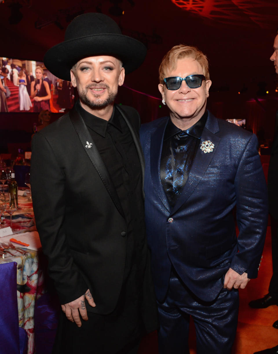 Boy George and Elton John at the 24th Annual Elton John AIDS Foundation Oscar Viewing Party on February 28, 2016.