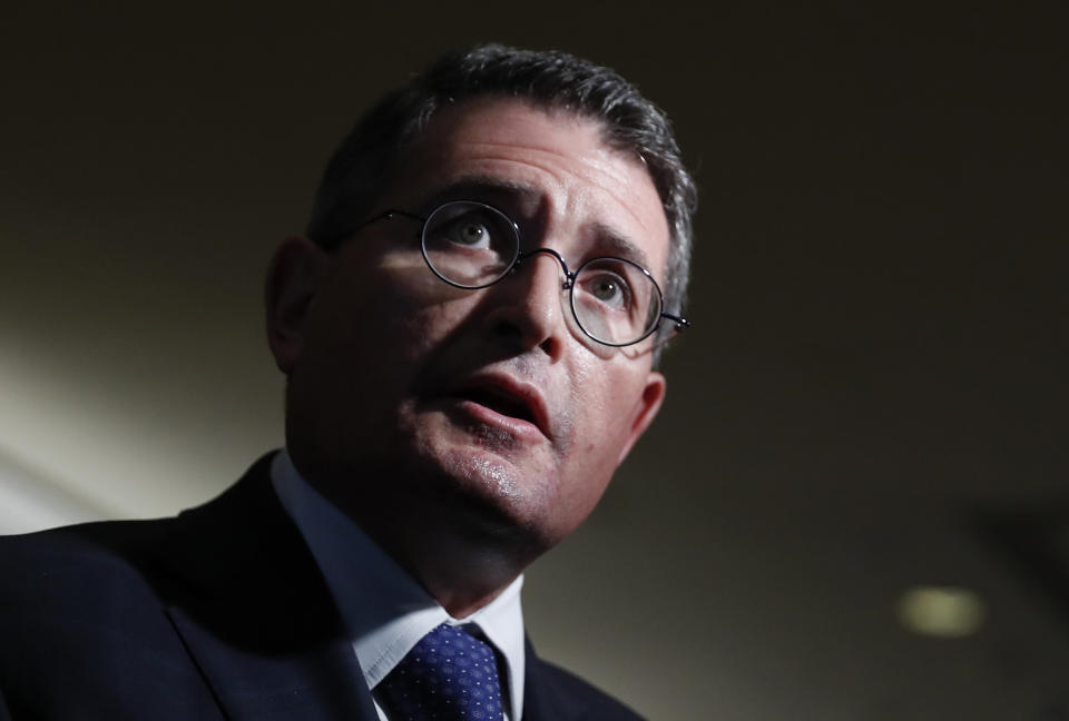 FILE - In this Nov. 16, 2016 file photo, Federalist Society's Leonard Leo speaks to media at Trump Tower in New York. Leo, co-chair of the Federalist Society, has been an informal adviser to Trump on the selection of judicial nominees. (AP Photo/Carolyn Kaster)