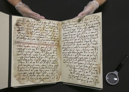 A fragment of a Koran manuscript is seen in the library at the University of Birmingham in Britain July 22, 2015. REUTERS/Peter Nicholls