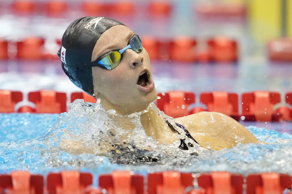 Summer McIntosh of Canada competes during the women's 400m medley final at the World Swimming Championships in Fukuoka, Japan, Sunday, July 30, 2023. (AP Photo/Eugene Hoshiko)