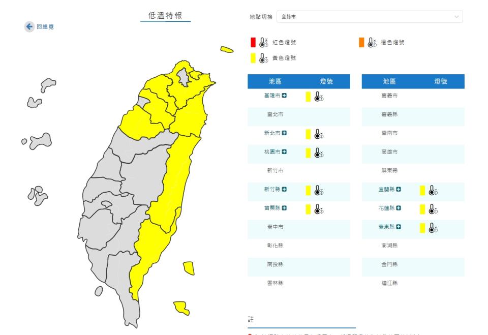 ▼氣象署針對8縣市發布低溫特報。（圖／氣象署）