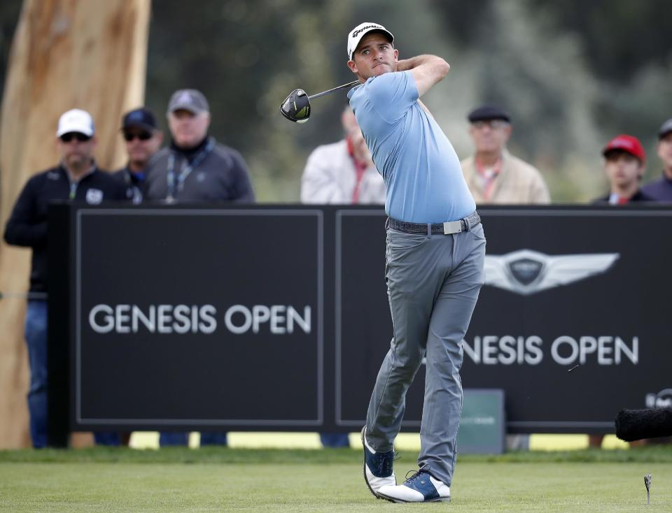 Sam Saunders tees off on the ninth hole during the first round of the Genesis Open golf tournament at Riviera Country Club Thursday, Feb. 16, 2017, in the Pacific Palisades area of Los Angeles. (AP Photo/Ryan Kang)