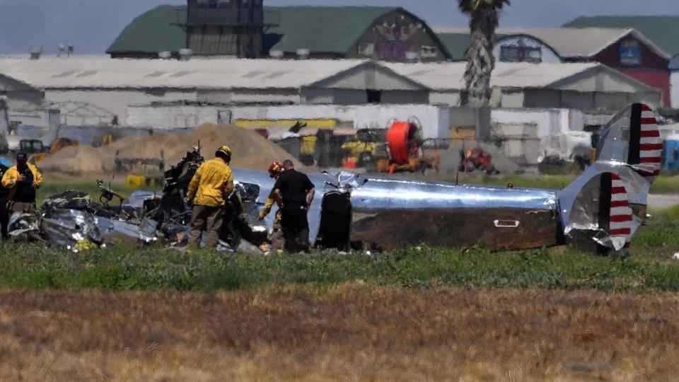 PHOTO: A twin-engine Lockheed 12A crashed shortly after departing California's Chino airport, officials said.  (Josh Thompson/Chino Valley Champion Newspaper)