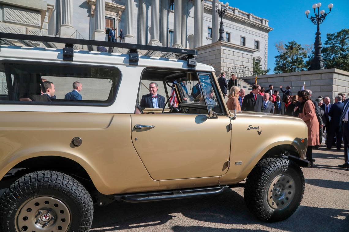 Scout Motors is welcomed to South Carolina during a ceremony at the South Carolina State House on Monday, March 20, 2023. The plant, located in Blythewood, will produce all-electric trucks and rugged SUVs.