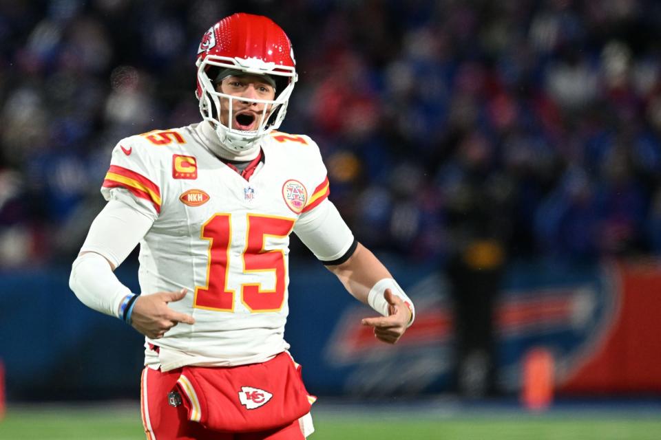 Jan 21, 2024; Orchard Park, New York, USA; Kansas City Chiefs quarterback Patrick Mahomes (15) reacts against the Buffalo Bills in the second half of the 2024 AFC divisional round game at Highmark Stadium. Mandatory Credit: Mark Konezny-USA TODAY Sports