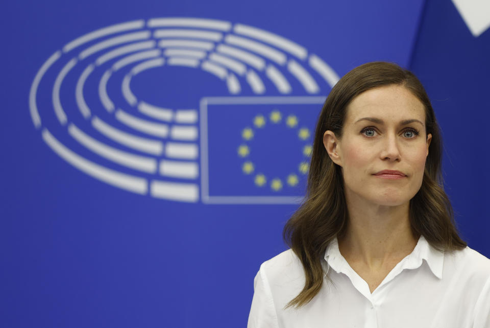 FILE - Finnish Prime Minister Sanna Marin pauses as she speaks during a media conference at the European Parliament in Strasbourg, eastern France, Tuesday, Sept. 13, 2022. Having held Finland’s top job for over three years now Prime Minister Sanna Marin - one of Europe’s most visible and youngest government leaders - has witnessed major changes inside and outside the Nordic country that borders Russia. (AP Photo/Jean-Francois Badias, File)